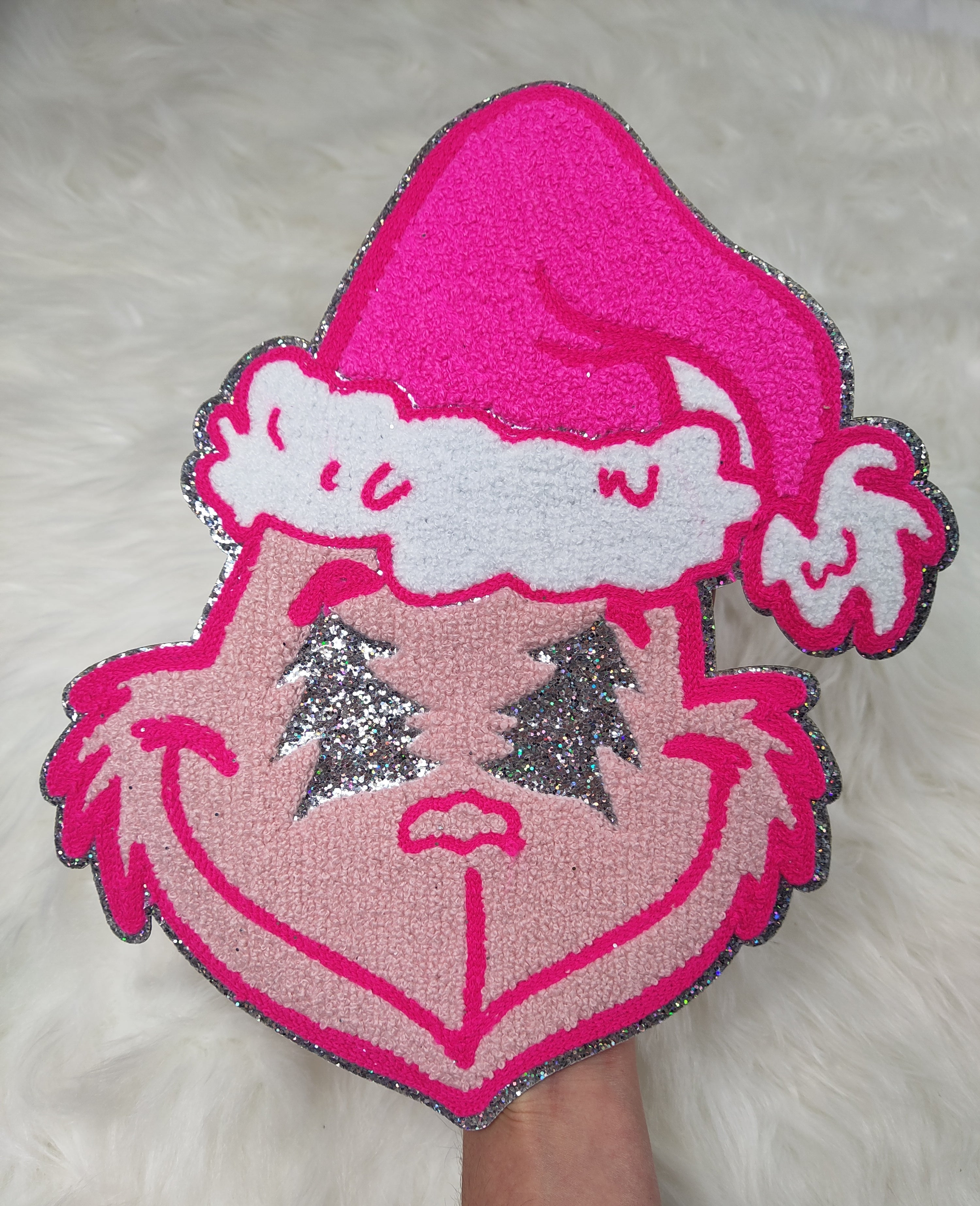 Hot Pink Grinch with Tree Eyes and Iridescent Glitter Iron On Patch –  Scratch Decor